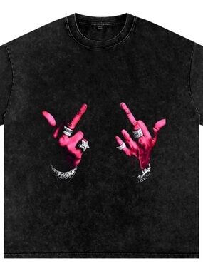 Black Graphic Tee with Pink Hand Motif - Men